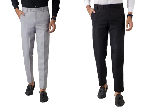 seven hunters Men Regular Fit Cotton Blend Trousers (Pack of 2) Light Grey & Navy Blue-picture-18