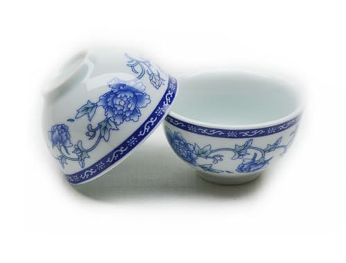 Image of Liang baobao Chinese Traditional Tea Tasting Cup Set of 4, 2oz White Porcelain Mini Cups for Gongfu Tea Ceremony (Blue and White Peony)