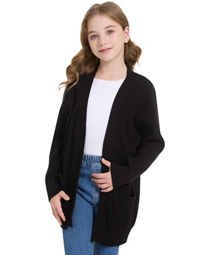 WULFUL Girls Long Sleeve Cardigan Kids Casual Open Front Oversized Sweater with Pockets