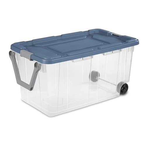 40-Gallon Wheeled Storage Bins (2-Pack) - Heavy Duty Plastic Totes with Lids & Handles - Industrial Garage/Utility Containers for Tools, Camping Gear (36.9" x 21.4") (Clear/Blue) - Image 3