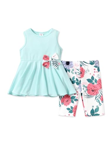 Image of PATPAT Girls Summer 2 Piece Outfits 4-12Y Butterfly Bow Sleeveless Tunic Tops and Floral Print Shorts Cute Clothes
