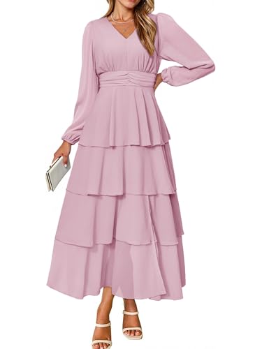 BerryGo Women's Chiffon Maxi Dresses A Line Long Sleeve High Waisted Tiered Swing Holiday Vacation Semi Formal Dress(Pink,Medium)