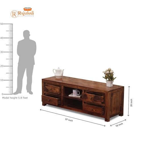 Image of Solid Wood TV Unit for Living Room 55 Inch Furniture - Wooden TV Unit with Storage Cabinet with 4 Drawr, 2 Shelves Wooden TV Cabinet for Living Room - Fits up to 55-Inch TV (Jayden)