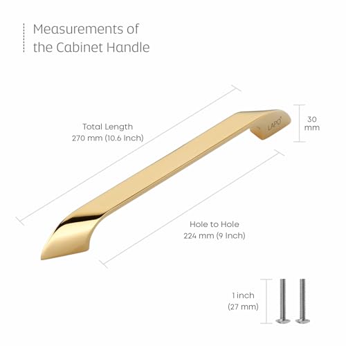 Image of LAPO 10 Inch Pull Handles for Cabinets and Drawers, Used for Kitchen and Wardrobe Units, Premium Surface Coating, Quick Mount System, 3 Years Warranty (224mm, PVD Gold Finish, Pack of 2) - Twist