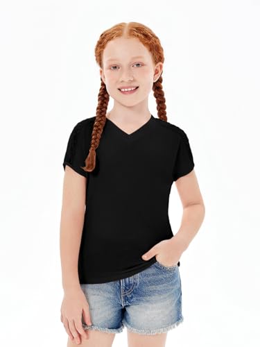 Image of Haloumoning Girls V Neck T-Shirts Kids Summer Swiss Dot Short Sleeve Tops Cute Fashion Tees 5-14 Years