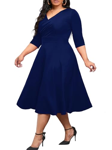 Image of Plus Size Dresses for Women A-Line V-Neck Swing Flowy 3 /4 Sleeve | 3 /4 sleeve,v neck,pockets,casual,cocktail,wedding,holiday,home,work,date party,vacation,outdoor
