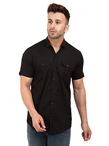 Image of Men's Half Sleeve Double Pocket,Spread Collar Casual Solid Cargo Shirt Beige