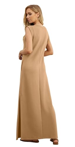 Image of GRECERELLE 2026 Women Year-Round Casual Round Neck Loose Split Wrinkle-Free Long Maxi Vacation Dress with Pockets (XXS-4XL)
