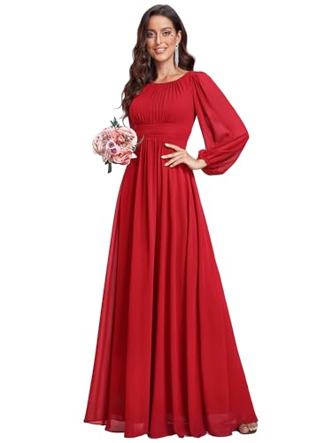 Image of Ever-Pretty Women's Crewneck Long Lantern Sleeves Floor Length A-Line Pleated Chiffon Formal Dress 0106B
