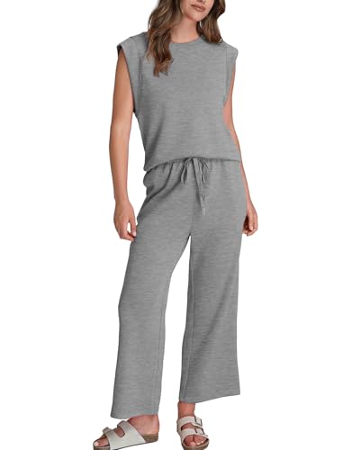 Image of SAMPEEL Two Piece Sets for Women Casual Travel Vacation Outfits Summer Wide Leg Crop Pants Lounge Sets
