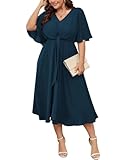 SCOMCHIC Women Plus Size Midi Dresses Wedding Guest Short Sleeve V Neck Tie Waist Casual Summer Flowy A Line Dress Lake Blue