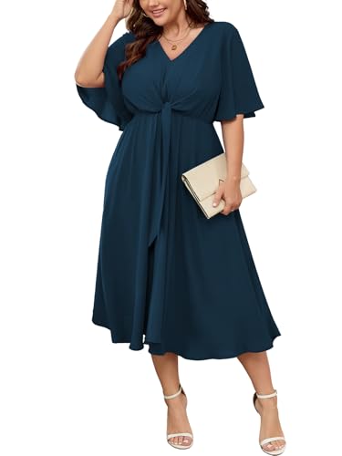SCOMCHIC Women Plus Size Midi Dresses Wedding Guest Short Sleeve V Neck Tie Waist Casual Summer Flowy A Line Dress Lake Blue