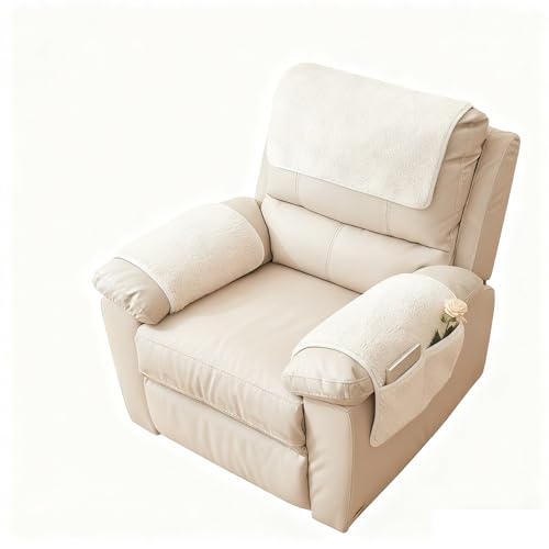 【防滑設計】ソファアームカバー シャーフリース リクライニングチェアカバー 収納ポケット付き 洗える ペット ソファ 保護カバー 頭レストカバー 1席用 日本仕様(Cream,3 Seat Recliner 5 pc)