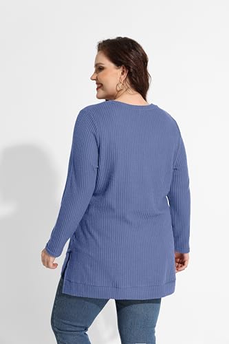 Image of RITERA Plus Size Women Sweaters Waffle Knit Pullover Top Long Sleeve Casual Crewneck Shirt Loose Split Hem Fall Winter Blouse
