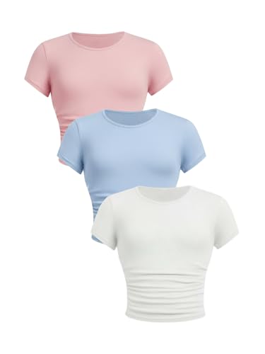 Image of SOLY HUX Girl's Basic Crop Top Set Crew Neck Short Sleeve T-Shirts 3 Packs Casual Summer Fitted Tees