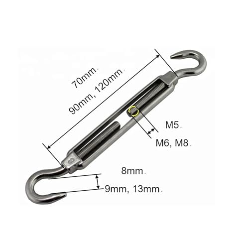 Turnbuckle Gancho Acero Inoxidable 304, 5 piezas, para cable de alambre M5 M6 M8, alta resistencia para vela de sombra y barandales miniatura 3