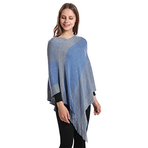 Image of Women's Elegant Knitted Shawl Poncho with Fringed V-Neck Striped Sweater Pullover Cape Gifts for Women Mom