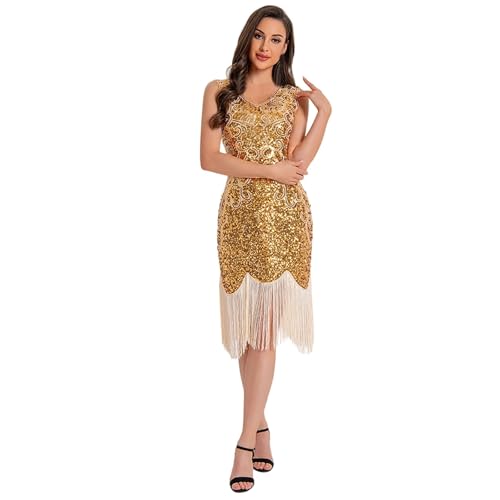 Robe flapper des années 1920 pour femme avec perles et sequins noirs