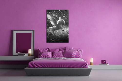 Cheval ailé deyoli tableau noir et blanc 90x60cm décoration fleurs