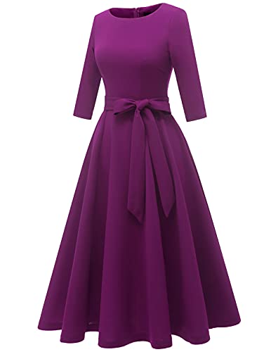 Dresstells Vintage Tea Dress For Women, 1950S Cocktail Party Dresses, Modest Bridesmaid Dress For Wedding Guest, 3/4 Sleeve Formal Aline Church Dress, Fit Flare Prom Dress Purple L #TOP1