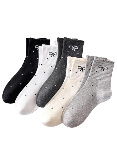 OYOANGLE Women's 5 Pairs Cute Bow Frilly Crew Socks Set Polka Dots Comfortable Everyday Socks