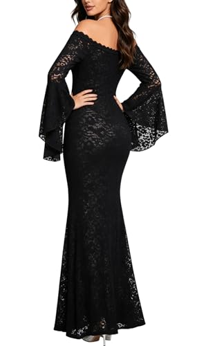 Image of Cercis Womens Off The Shoulder Floral Lace Maxi Wedding Dress Boho Flowy Wedding Guest Formal Long Dresses
