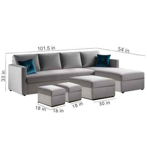 Image of FURNY Arno 8 Seater Fabric RHS L Shape Sofa Set with 1 Centre Table & 2 Ottomans (Light Grey)