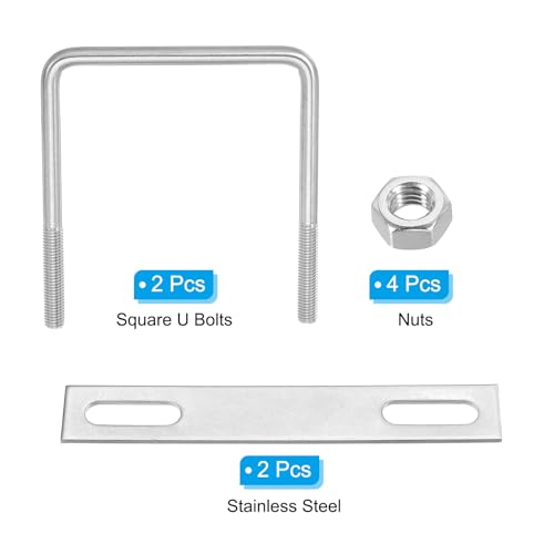 Image of PATIKIL M10x100x150mm Square U-Bolts Kit, 2Set 304 Stainless Steel Square U Shaped Bolts Replacement Parts with Frame Plates and Nuts for Ski Board Sailboat Trailer
