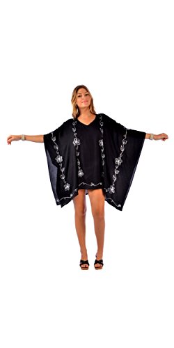 Womens Embroidered Poncho Cover-Up Black and White3