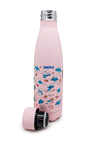 Nerthus Fih 757 Botella Termo Doble Pared Diseño Pitufos Color Rosa 500Ml, Acero Inoxidable, Libre De Bpa, 18/8