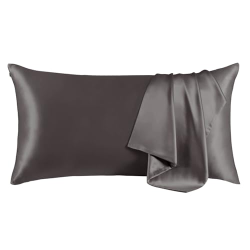 Image of THXSILK Set of 2 Silk Pillowcase for Hair and Skin, 100% Mulberry Silk Bed Pillowcase Ultra-Soft, Soft Breathable Silk Pillow Case with Hidden Zipper, California King 20 inchx40 inch, Dark Gray