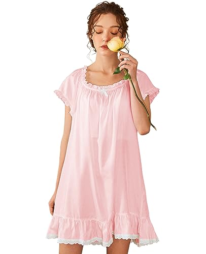 Image of Nanxson Women's Cotton Nightgown Short Sleeve Sleepwear Vintage Nightshirt | Summer Victorian Sleepdress,White Sleepshirt,U Neck Lace Loungewear,Soft Nightshirt,Loose Loungedress,Bride Nightwear