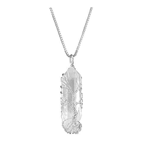 Top Plaza Natural Raw Stone Healing Crystal Necklace Silver Life Tree Wire Wrapped Clear Quartz Point Pendant For Womens Ladies Mothers Day Mom Gifts Cover