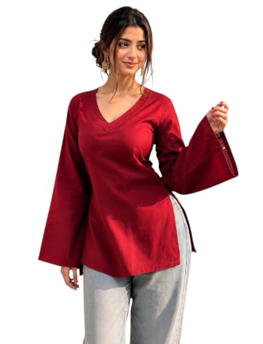 Image of Women's Cotton Short Kurti Black Solid Plain V Neck Full Bell Sleeve Casual Stylish Short Kurta for Women for Jeans Daily Girl Top