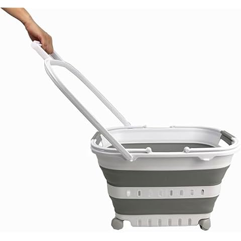 SAMMART 35L (9.24 Gallons) Collapsible Plastic Laundry Basket with Handle and Wheels - Foldable Pop Up Storage Container/Organizer with Handle and Wheels - Space Saving (1, White/Grey) Cover
