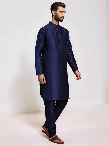 Image of SKAVIJ Men's Art Silk Solid Kurta Pyjama Set Festive Woven Design 2-Piece Ethnic Dress (KP055blue Blue S)