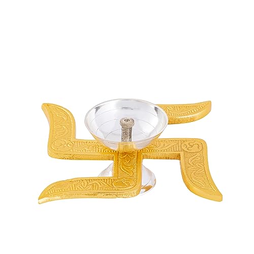 Image of Brass Swastik Diya for Pooja | Traditional Brass Oil Lamp Deepak for Home Temple, Diwali, Navratri, Lakshmi Puja & Spiritual Decor Jyot Diya