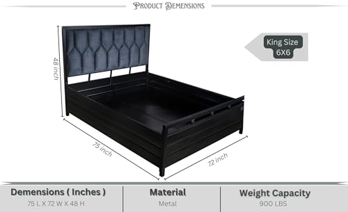 Image of Furniture Menyr King Size Metal Bed Frame with Hydraulic Storage | Durable Iron Platform Double Bed with Box Storage Without Mattress | Black Matte (King Size 6X6)