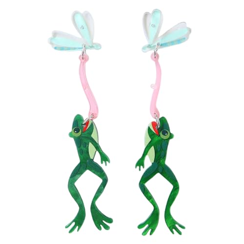 Creative Acrylic Frog Dangle Earrings for Women Lightweight Cute Summer Green Animal Eatting Insect Statement Drop Dangling Earrings Exaggerated Fun Halloween Theme Party Jewelry (Pest)