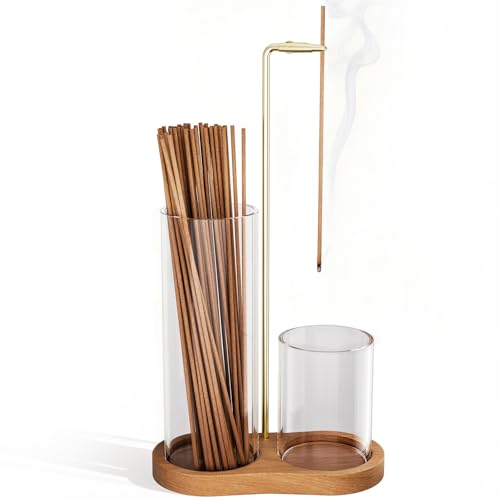 Mavivegue Incense Holder Wooden Upside Down Incense Holder for Sticks with Removable Glass Ash Catcher for Tea Yoga Spa Zen Meditation Great Gift for Any Occasion (Brown)