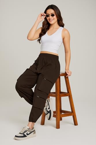 Image of ADDYVERO Elastic Cotton Solid Non-Stretchable Regular Fit Full Length Women six Pockets Cargo Pant (Brown, 32)