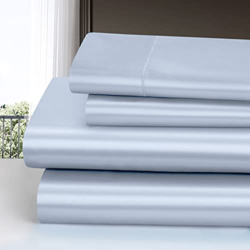 Homiest 4pcs Satin Sheets Set Luxury Silky Satin Bedding Set with Deep Pocket, 1 Fitted Sheet + 1 Flat Sheet + 2 Pillowcases (Queen Size, Baby Blue)