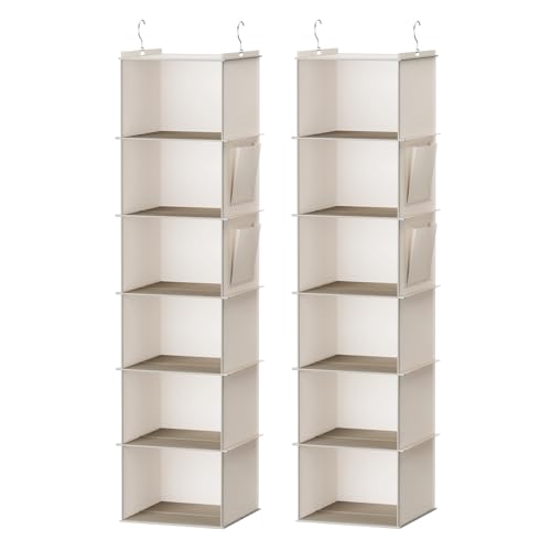 YOUDENOVA Hanging Closet Organizer, 6-Shelf Closet Hanging Storage Shelves, 2 Packs, Beige