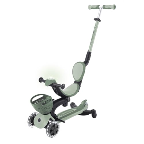 Globber - GOUP Baby 360 Lights - Scalable Scooter 3 Wheels with Seat and Backrest for Children from 15 Months to 6 Years Sage Green