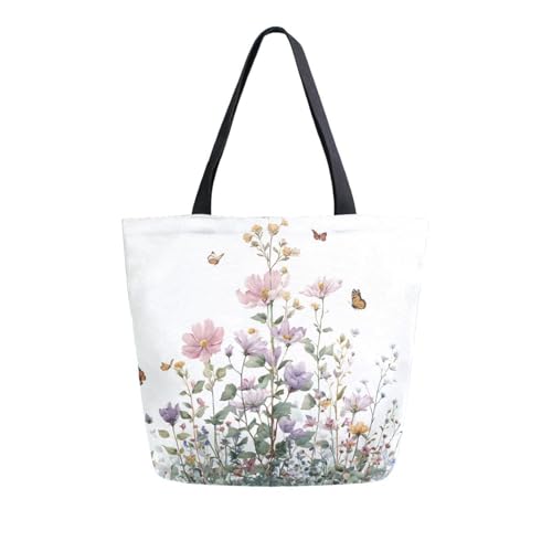 Extra Large Shoulder Tote Bag for Beach Travel Weekender Gym Watercolor Pink Flowers Green Leaves Butterfly Reusable Grocery Canvas Shopping Bag