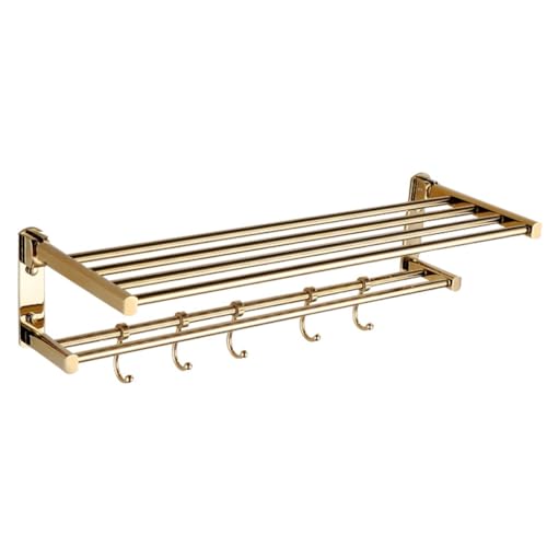 Toallero de cobre de doble capa dorado con repisa plegable para pared de baño 2