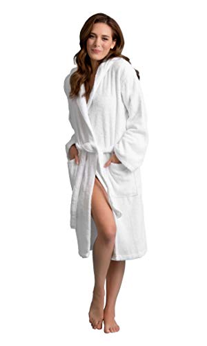 Women's Hooded Robe, Turkish Cotton Terry Hooded Spa Bathrobe (Large, White)