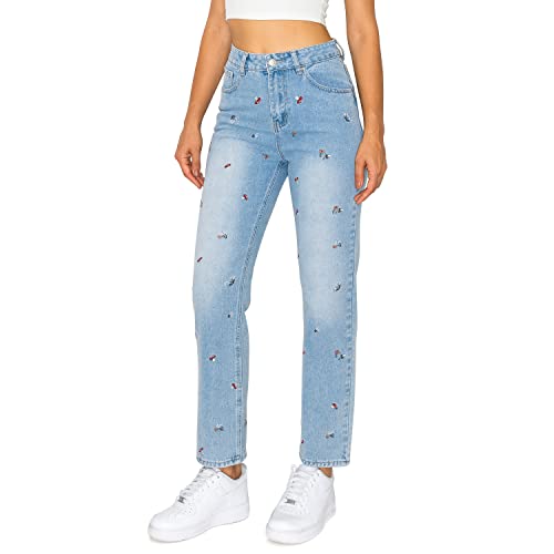 KHAKI & BLUE Women's Denim Pants – High Waisted All-Over Embroidery Straight Leg Casual Comfy Jeans2