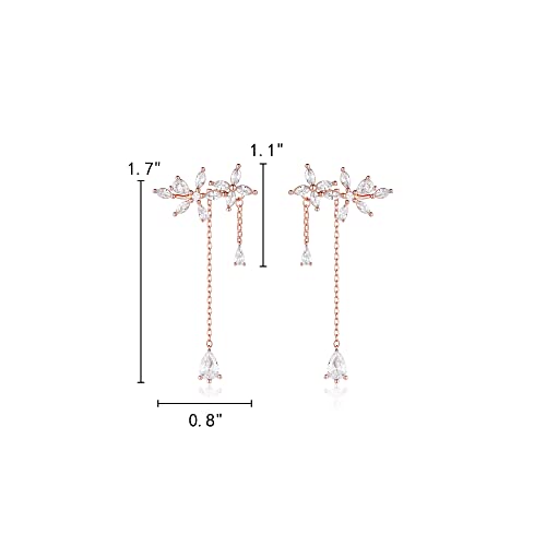 Elequeen Rose Gold Plated Sparkle Cubic Zirconia Flowers Wrap Earrings Dangle Chain For Women Elegant Bridal Earrings Wedding Party Drop Earrings #TOP3