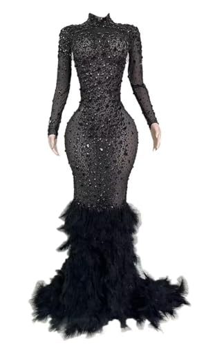 Women's Shiny Rhinestone Sequins Prom Dress Feathers Mermaid Prom Gown Shower Party Evening Celebrity Pageant Gala Gown